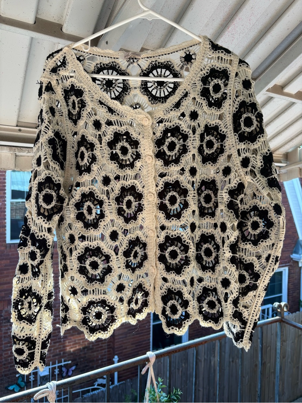 Boutique Crochet Cardigan Sweater - Black and Cream Size Large